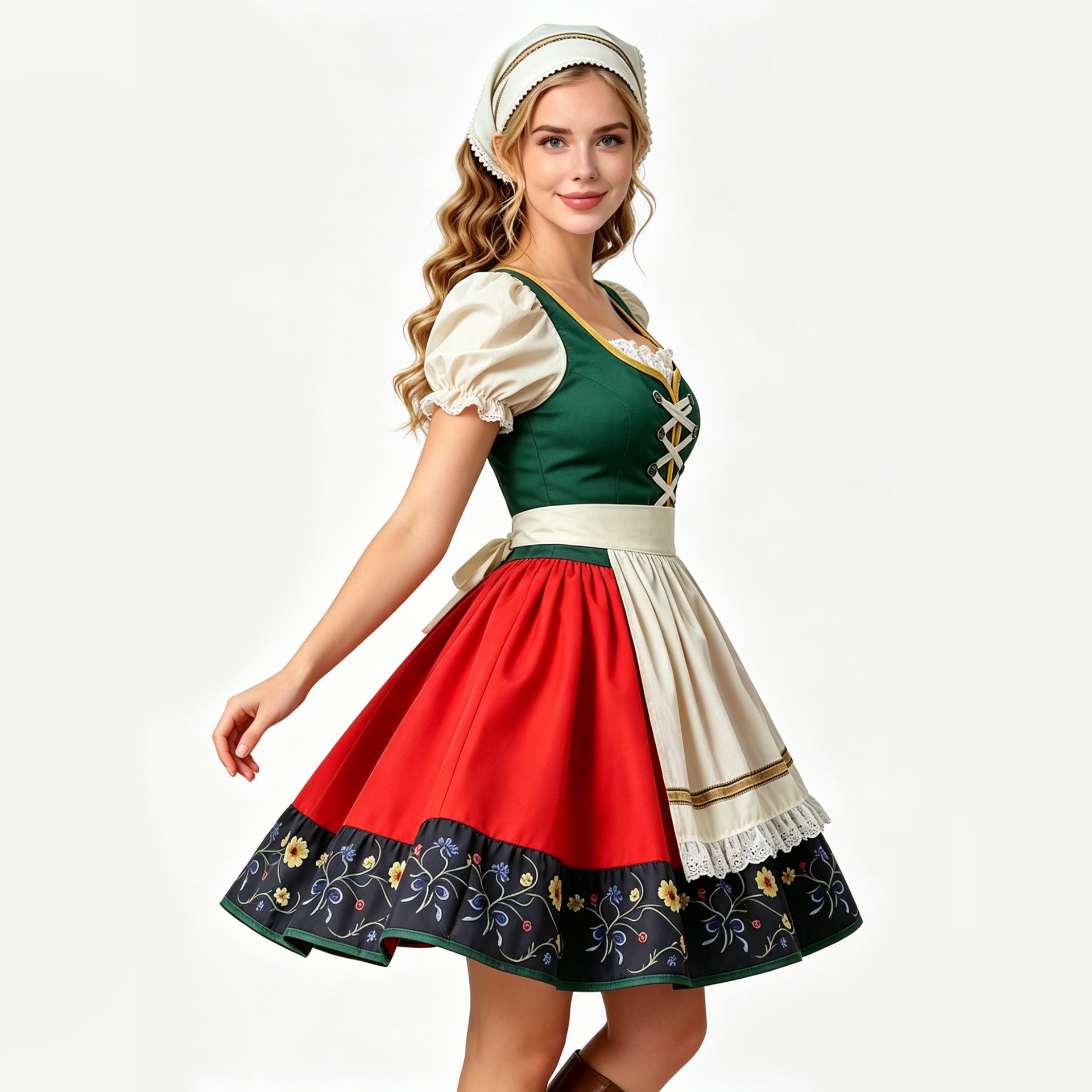 Plus Size Dirndl Dress Bavarian Oktoberfest Costume Floral Print Apron Dress